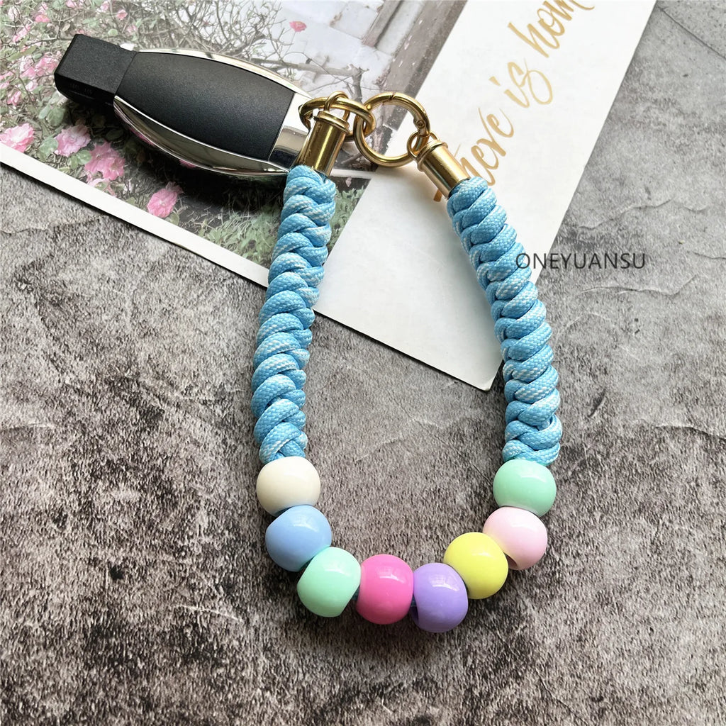 Phone Accessories Beaded Hand Strap Gold Key Ring Keychain Lanyard Colorful Bracelet Telephone Accessories Luxury Wrist Strap