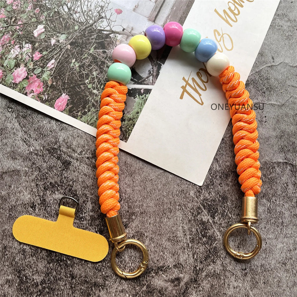 Phone Accessories Beaded Hand Strap Gold Key Ring Keychain Lanyard Colorful Bracelet Telephone Accessories Luxury Wrist Strap