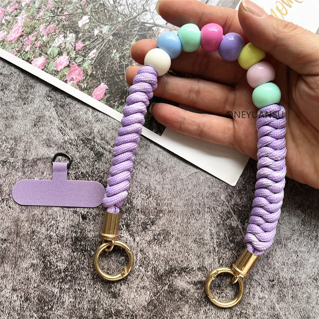 Phone Accessories Beaded Hand Strap Gold Key Ring Keychain Lanyard Colorful Bracelet Telephone Accessories Luxury Wrist Strap