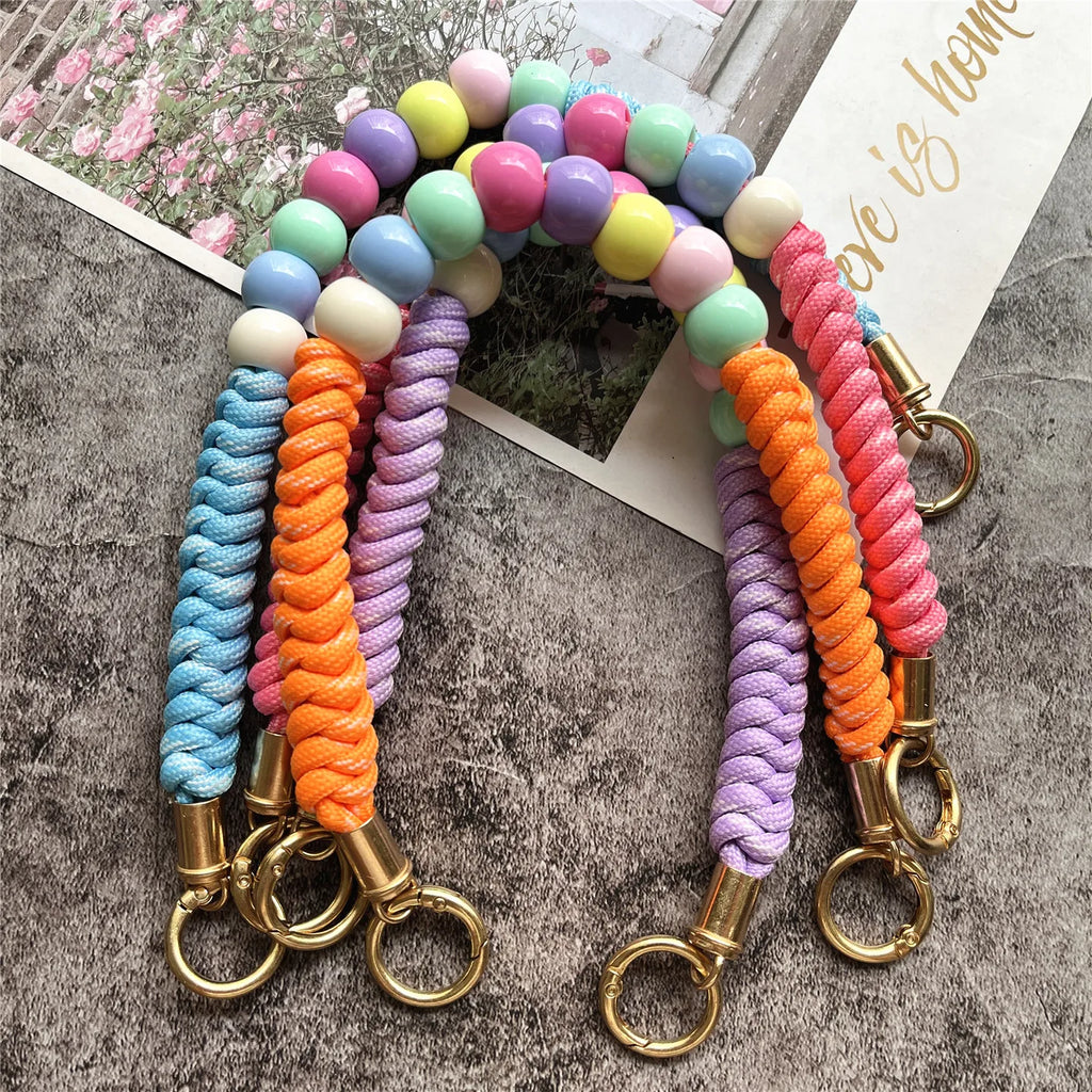 Phone Accessories Beaded Hand Strap Gold Key Ring Keychain Lanyard Colorful Bracelet Telephone Accessories Luxury Wrist Strap