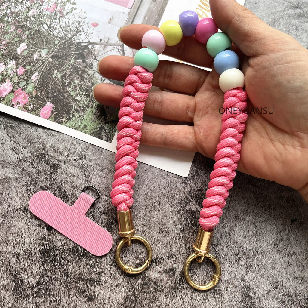 Phone Accessories Beaded Hand Strap Gold Key Ring Keychain Lanyard Colorful Bracelet Telephone Accessories Luxury Wrist Strap