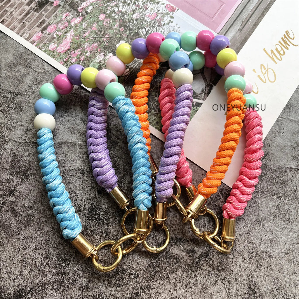 Phone Accessories Beaded Hand Strap Gold Key Ring Keychain Lanyard Colorful Bracelet Telephone Accessories Luxury Wrist Strap
