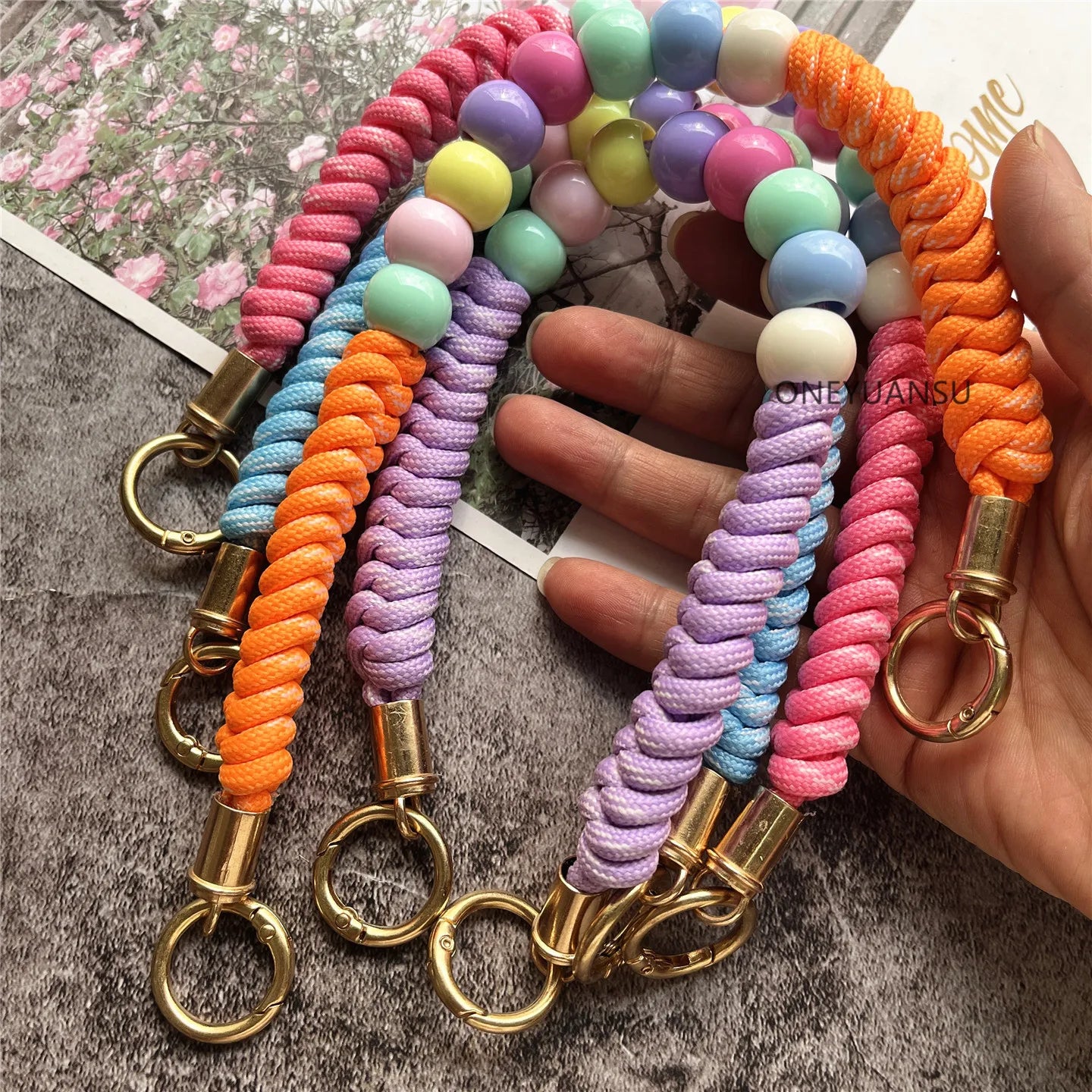 Phone Accessories Beaded Hand Strap Gold Key Ring Keychain Lanyard Colorful Bracelet Telephone Accessories Luxury Wrist Strap
