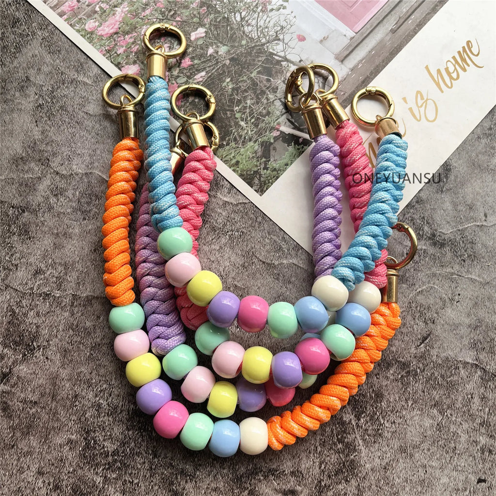 Phone Accessories Beaded Hand Strap Gold Key Ring Keychain Lanyard Colorful Bracelet Telephone Accessories Luxury Wrist Strap