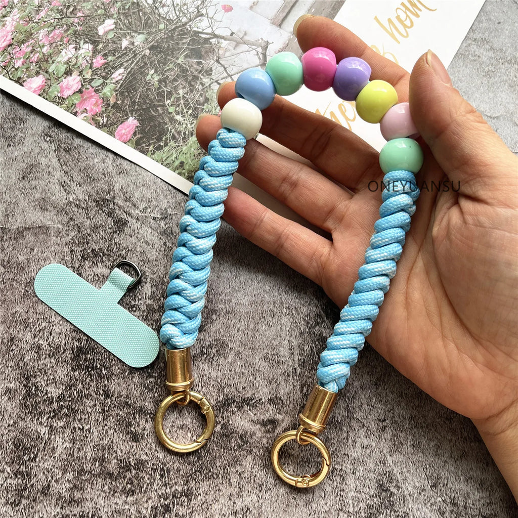 Phone Accessories Beaded Hand Strap Gold Key Ring Keychain Lanyard Colorful Bracelet Telephone Accessories Luxury Wrist Strap
