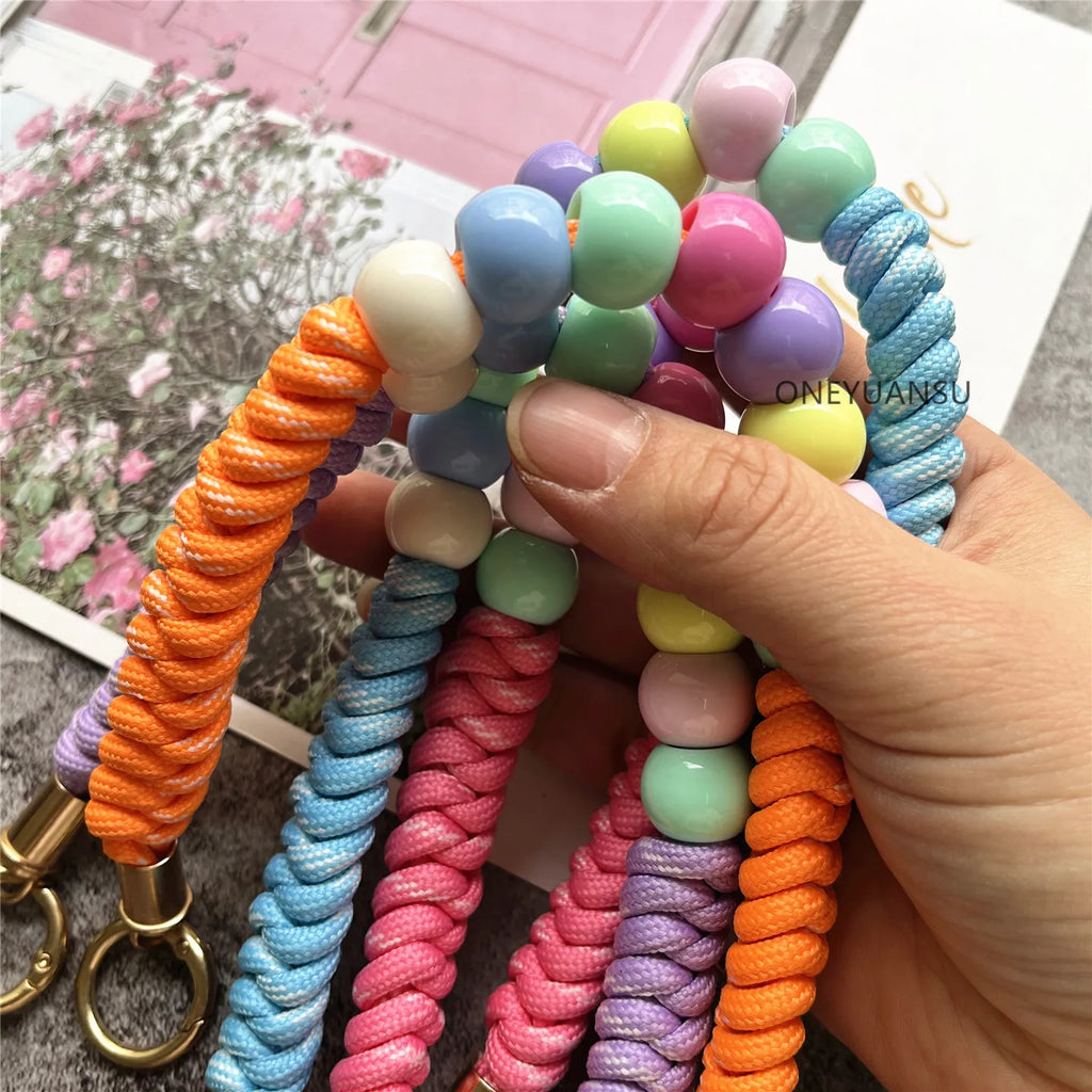 Phone Accessories Beaded Hand Strap Gold Key Ring Keychain Lanyard Colorful Bracelet Telephone Accessories Luxury Wrist Strap