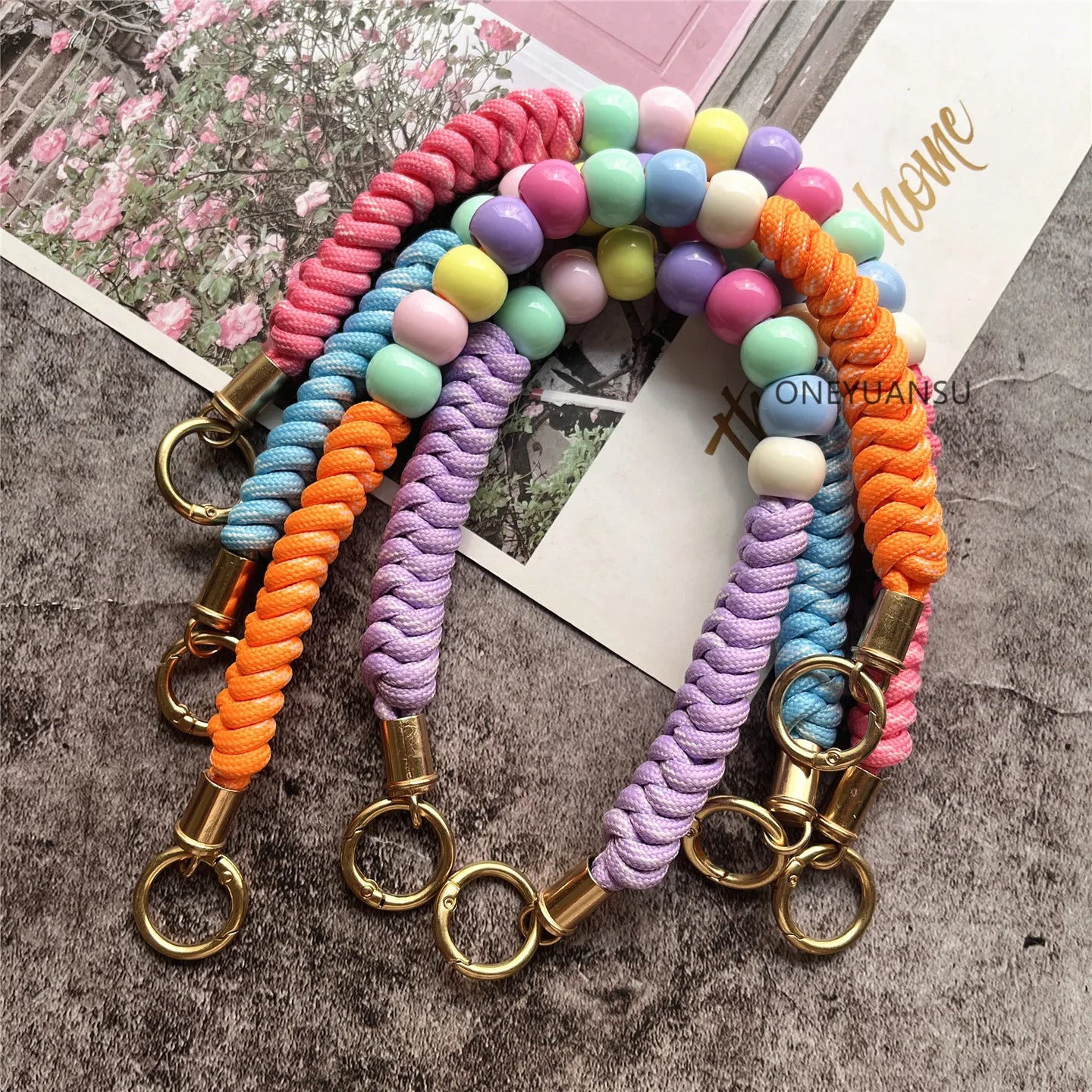 Phone Accessories Beaded Hand Strap Gold Key Ring Keychain Lanyard Colorful Bracelet Telephone Accessories Luxury Wrist Strap